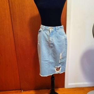 Light denim destroyed pencil skirt, size 6